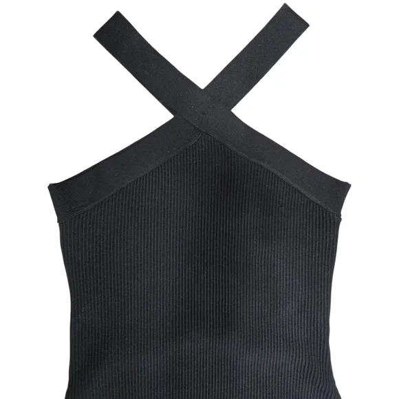 House Of Harlow 1960 Black Mini Ribbed Dress Criss Cross Neck Size Medium - Picture 2 of 8
